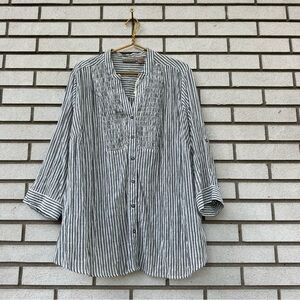 Art and Soul Woman 3X Black White Stripe Smocked Cotton Tunic Top Blouse NWT